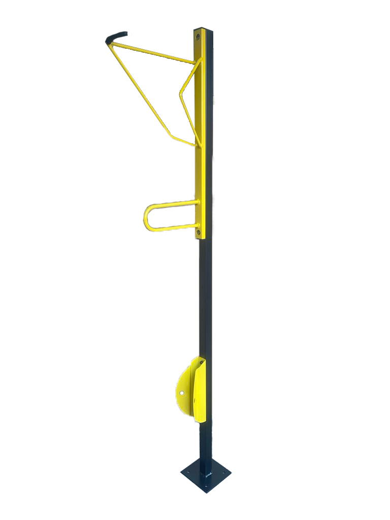Powder-coated upright and floor plate on free-standing vertical bike rack