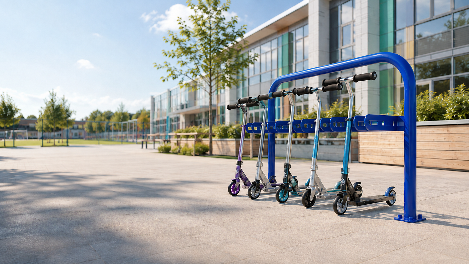 Commercial blue 10-space scooter rack with children’s scooters installed in a modern school courtyard.