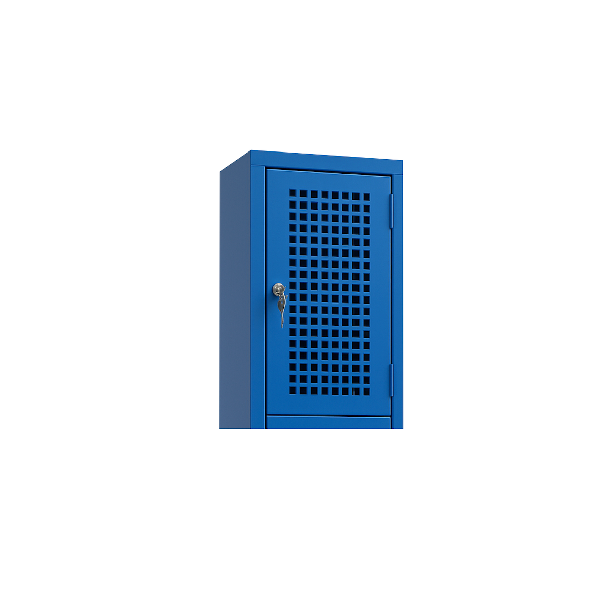 1‑tier folding bike locker with perforated steel door storing a folded bicycle