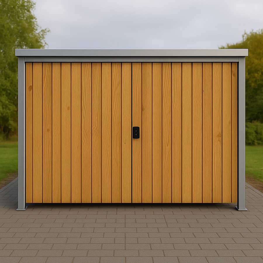 BUDGET Timber clad cycle shelter with wood panels, roof, front doors housing secure cycle storage
