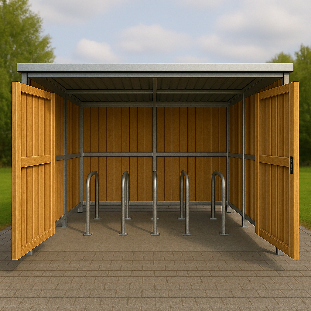 BUDGET Timber clad cycle shelter with wood panels, roof, front doors housing secure cycle storage