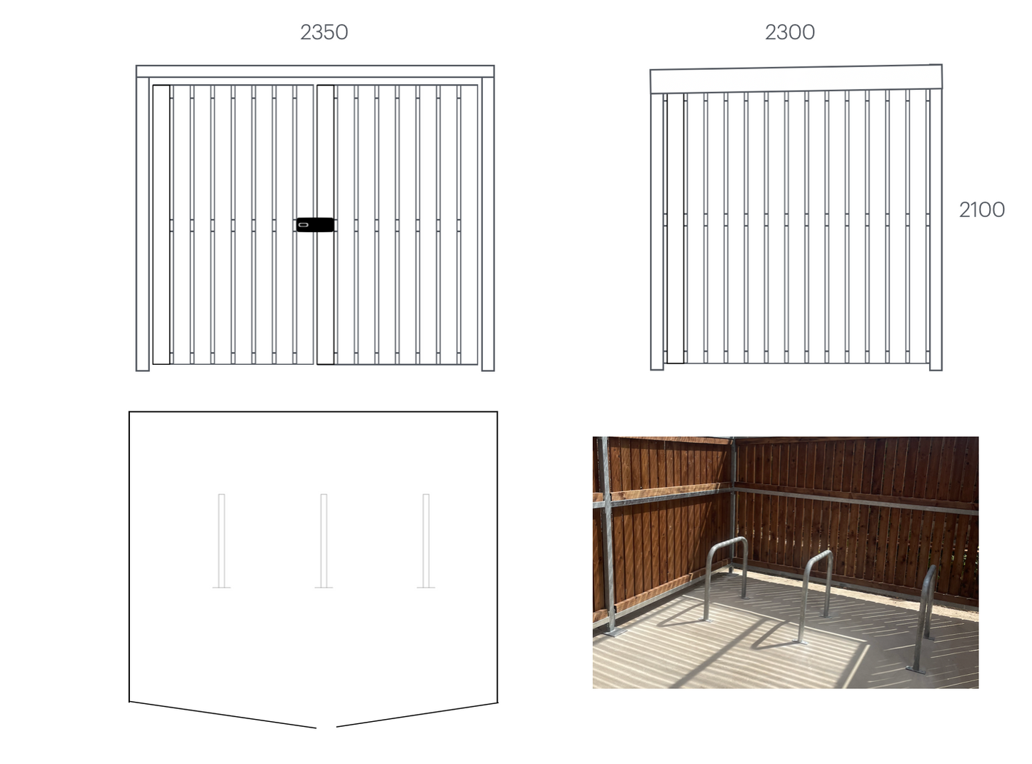 BUDGET Timber clad cycle shelter with wood panels, roof, front doors housing secure cycle storage