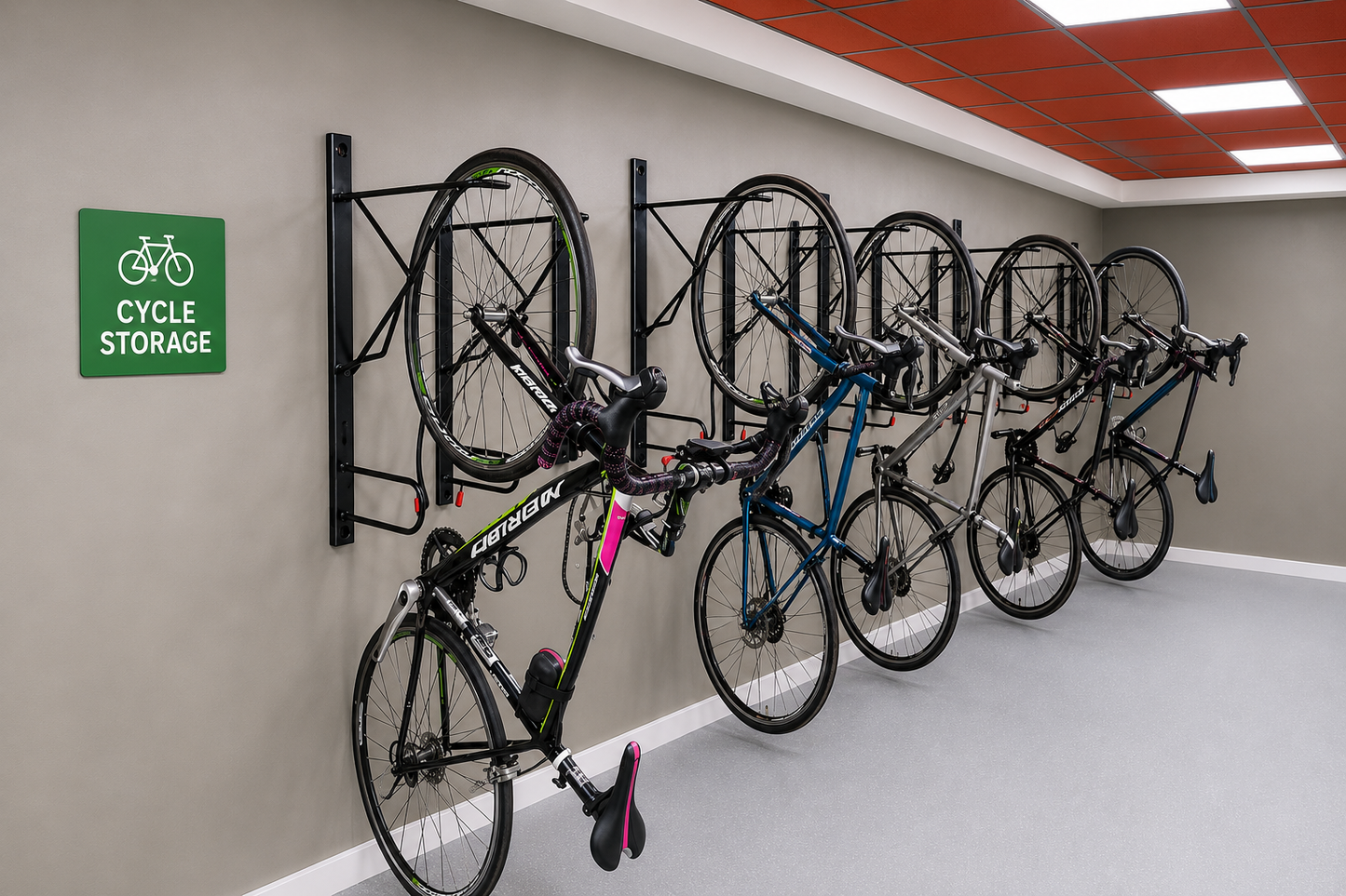 Secure Vertical Bike Rack by Cycle-in.co.uk installed showing bike vertically stored UK