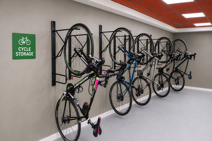 Secure Vertical Bike Rack by Cycle-in.co.uk installed showing bike vertically stored UK