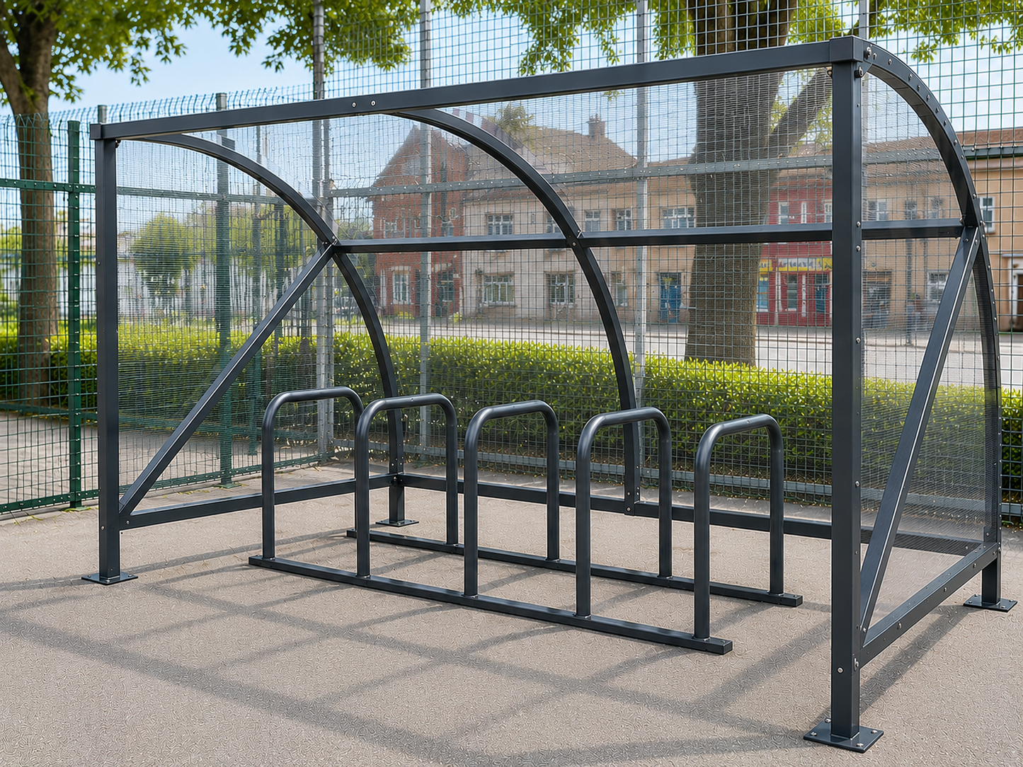 Anthracite grey powder-coated 10-space curved cycle shelter with Sheffield toast rack