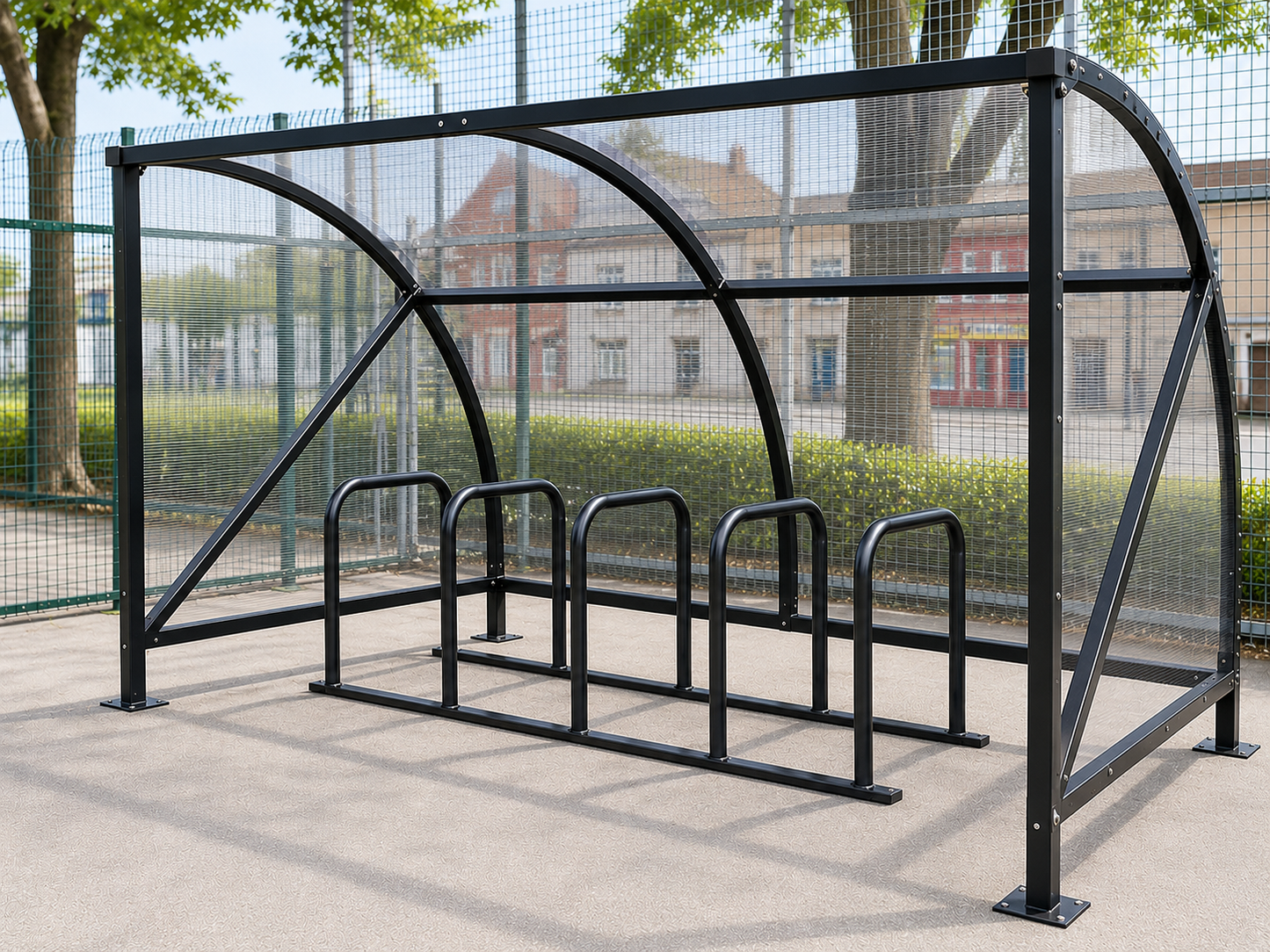 Black powder-coated 10-space curved cycle shelter with Sheffield toast rack
