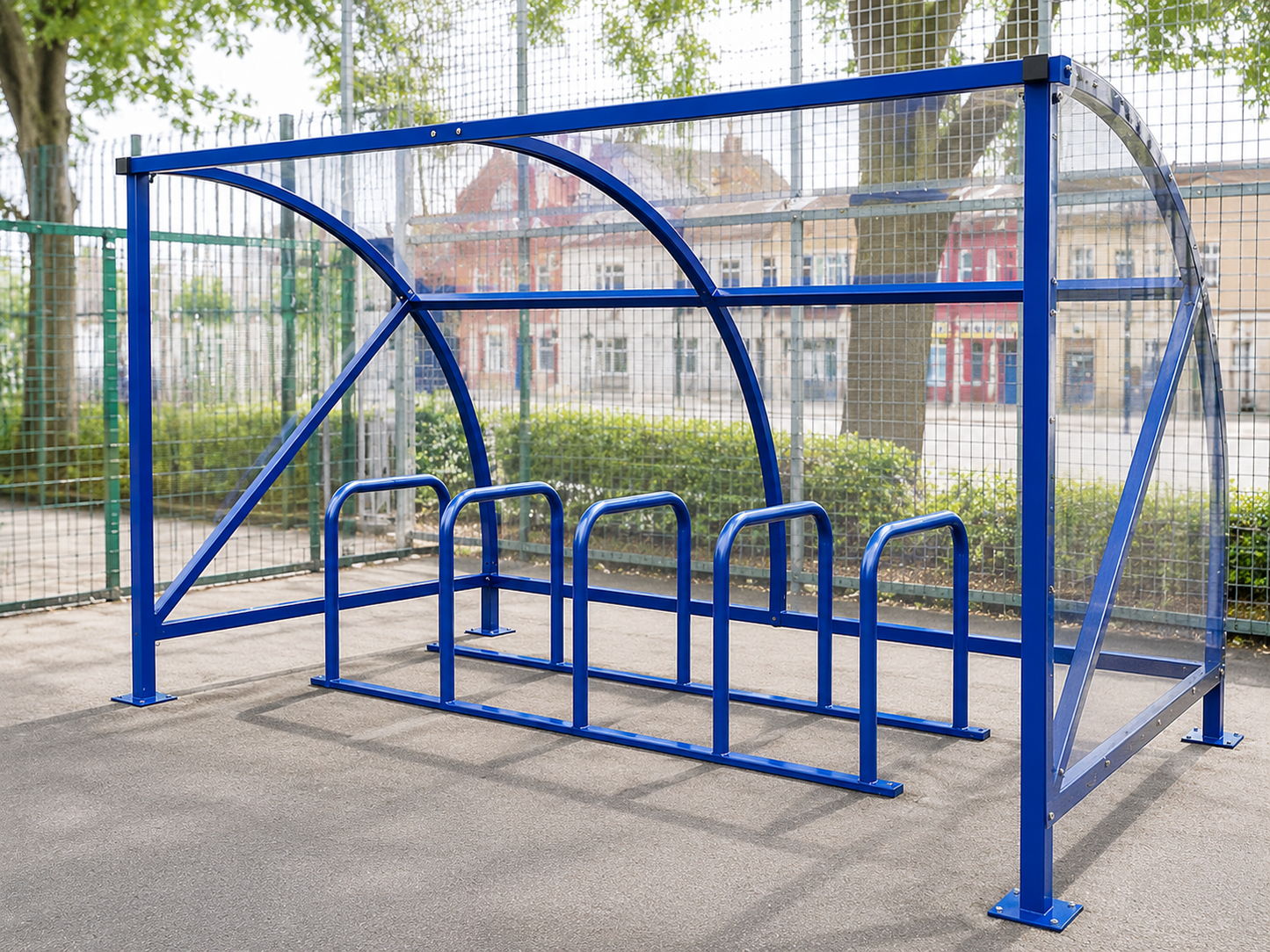 Blue powder-coated 10-space curved cycle shelter with Sheffield toast rack