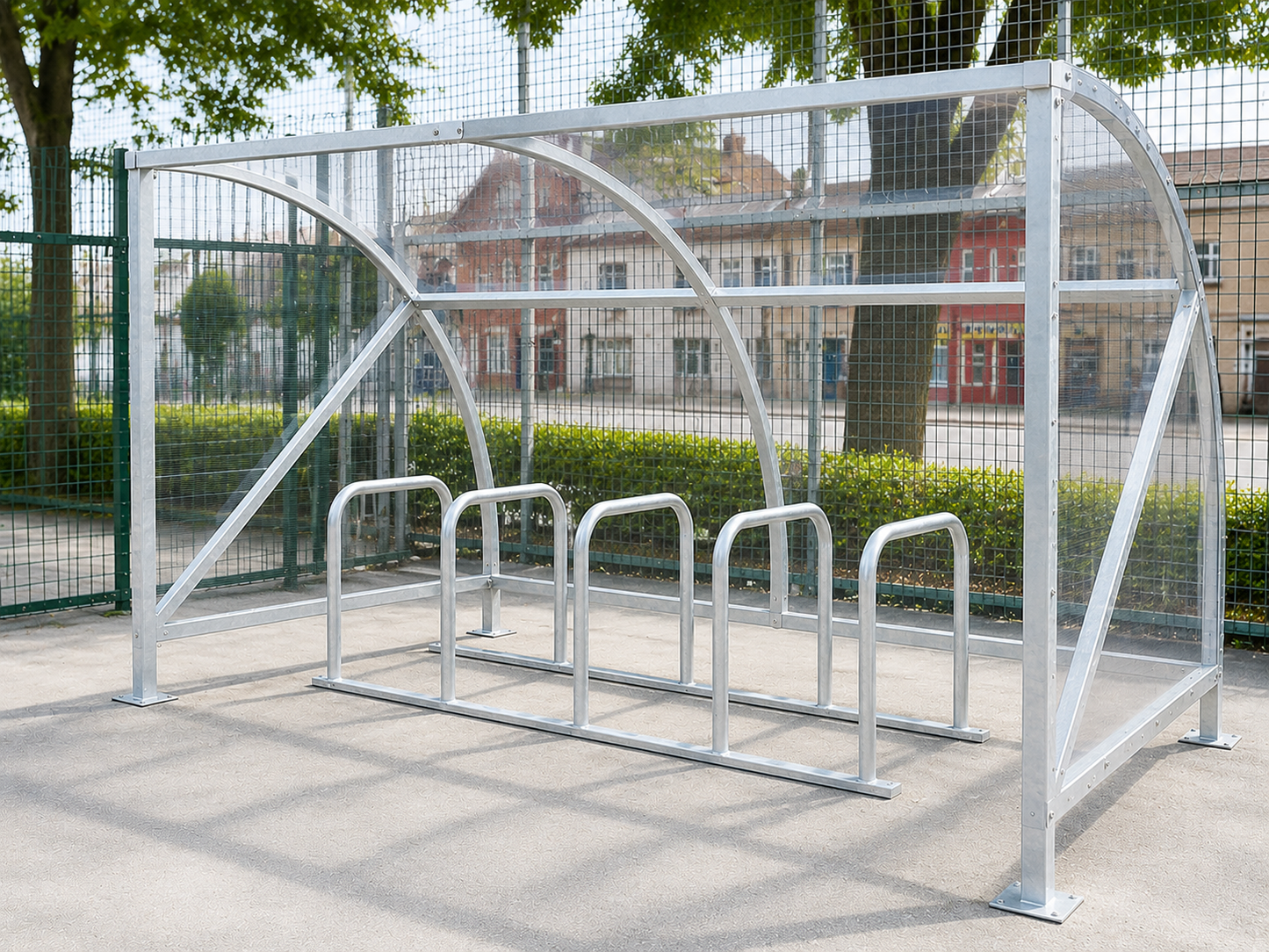 Galvanised 10-space curved cycle shelter with Sheffield toast rack