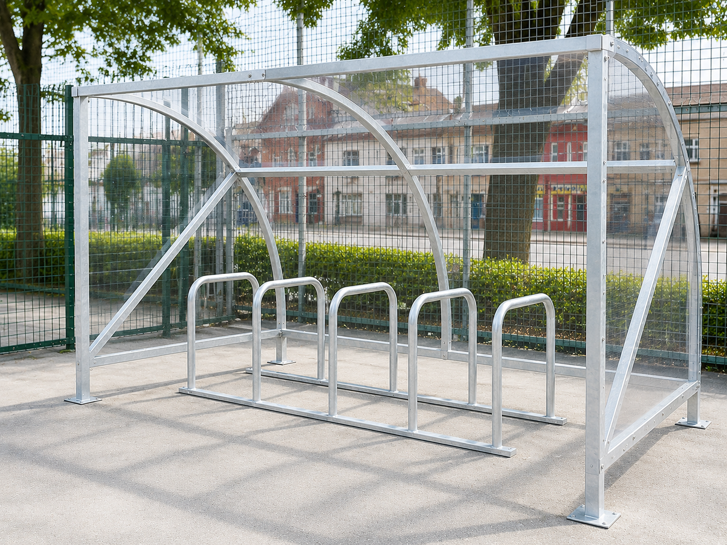 Galvanised 10-space curved cycle shelter with Sheffield toast rack