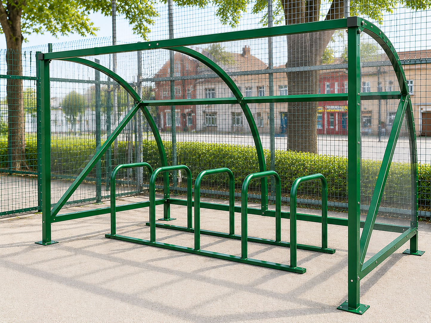 Green powder-coated 10-space curved cycle shelter with Sheffield toast rack