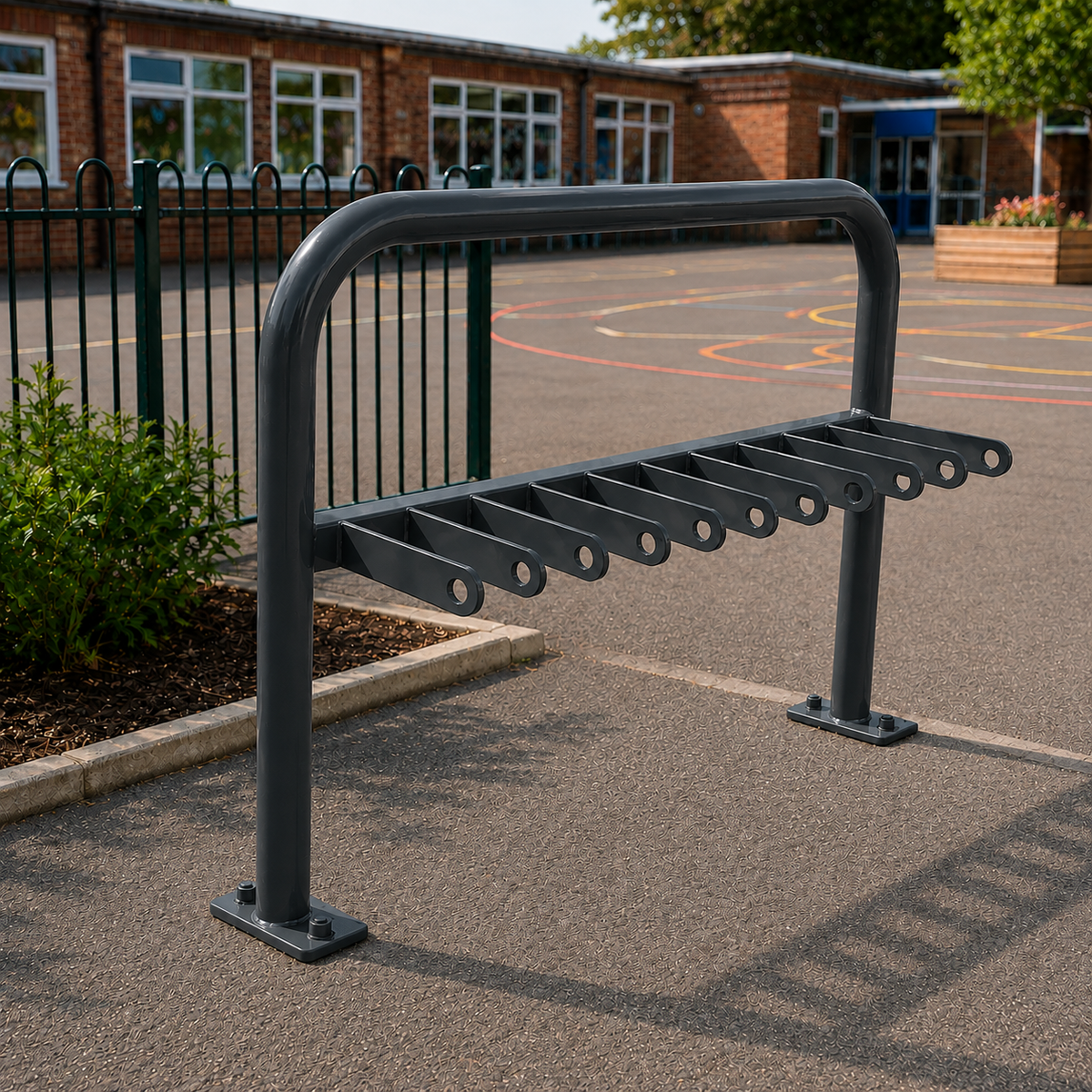 Anthracite Gray 10-space scooter rack installed in a school playground