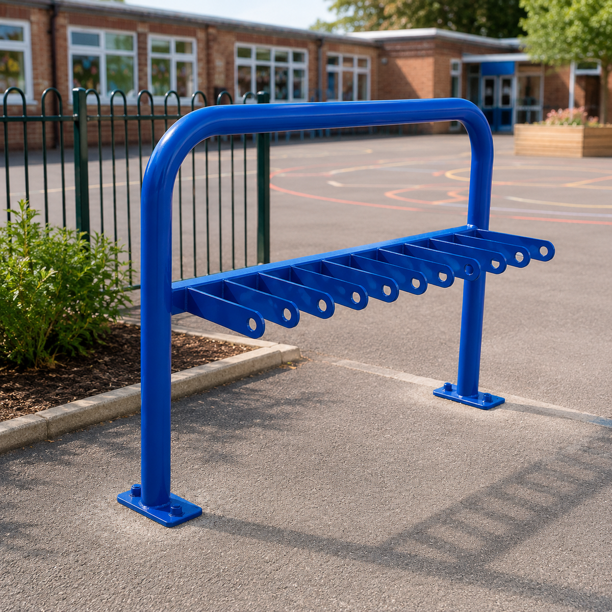Blue 10-space scooter rack installed in a school playground