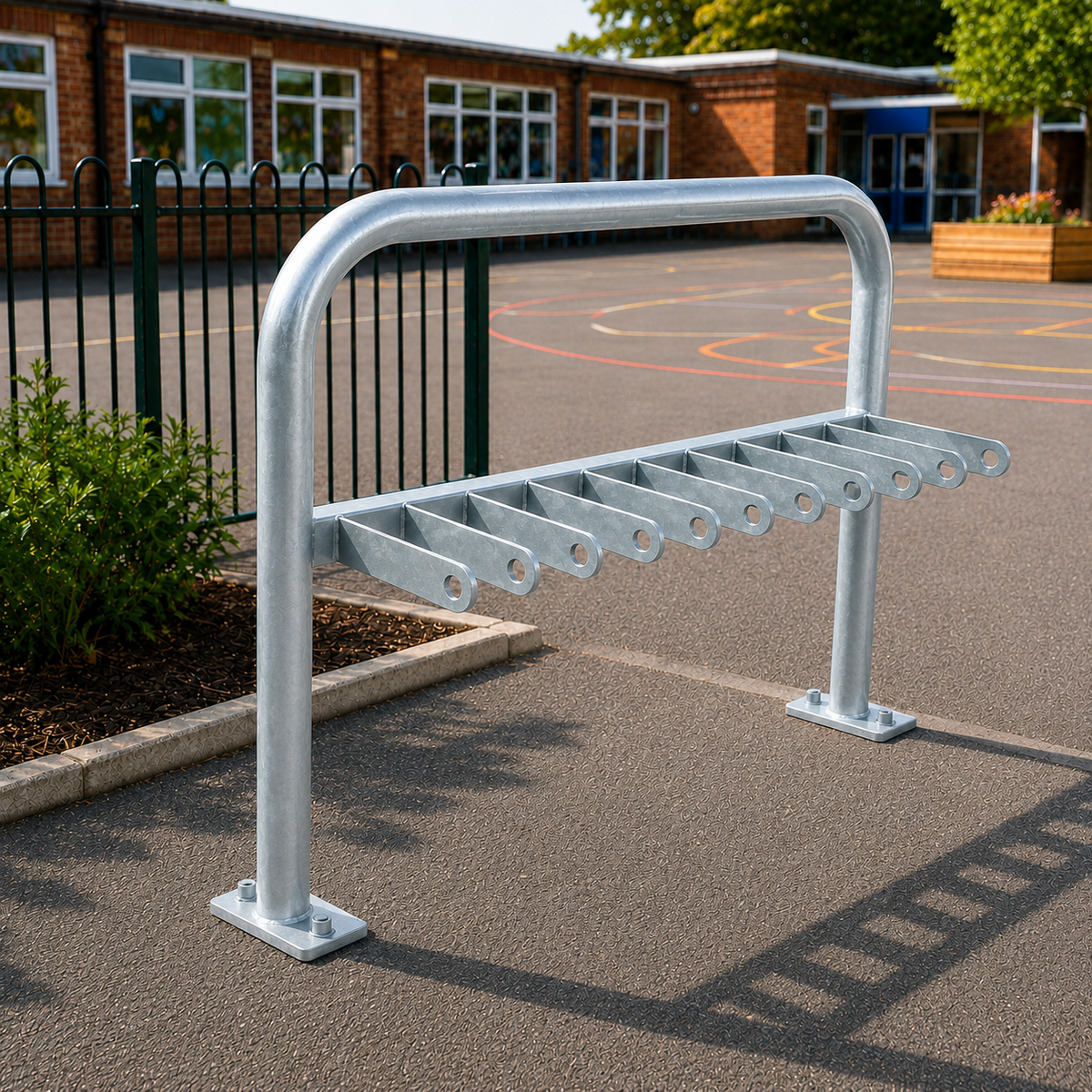 Galvanised 10-space scooter rack installed in a school playground