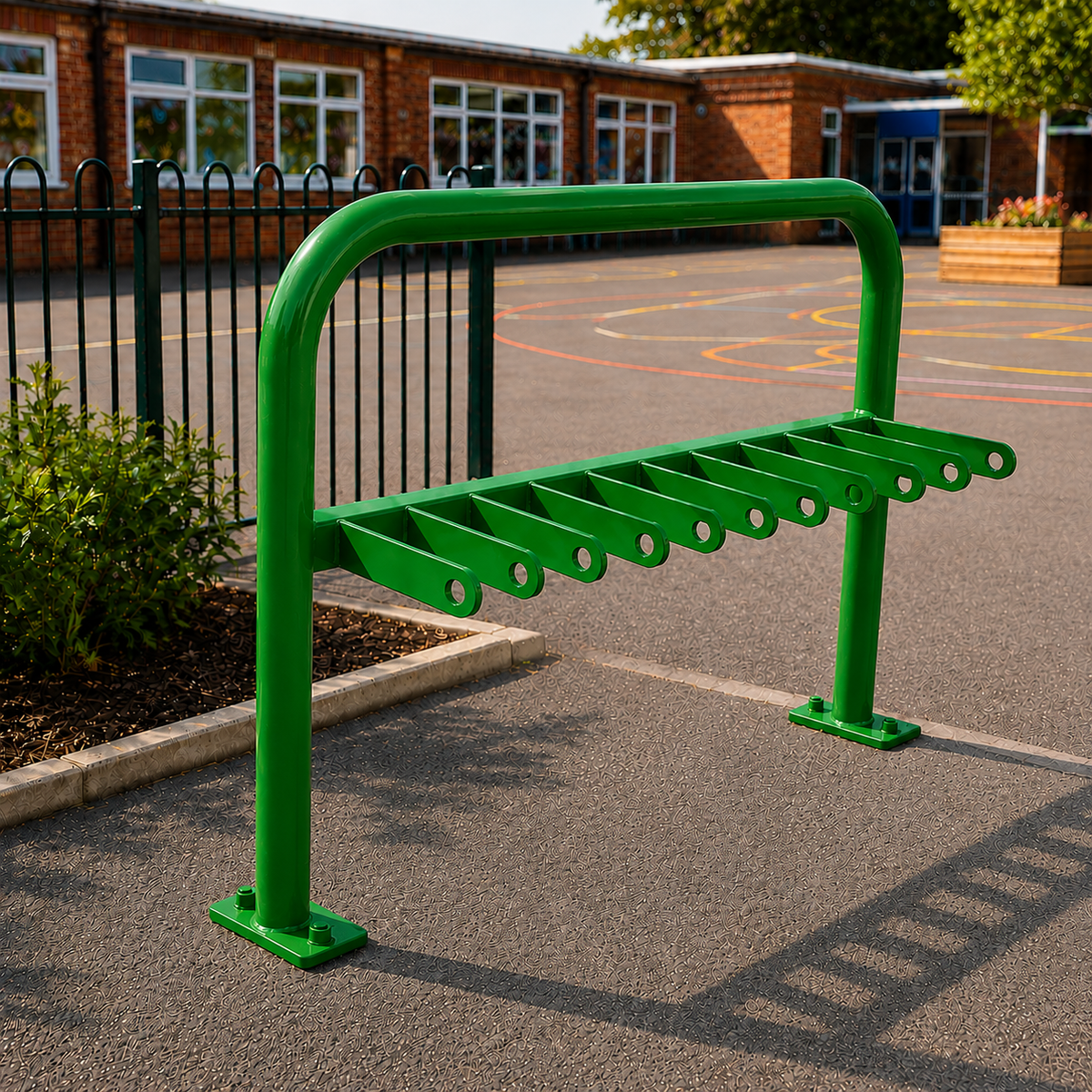 Green 10-space scooter rack installed in a school playground