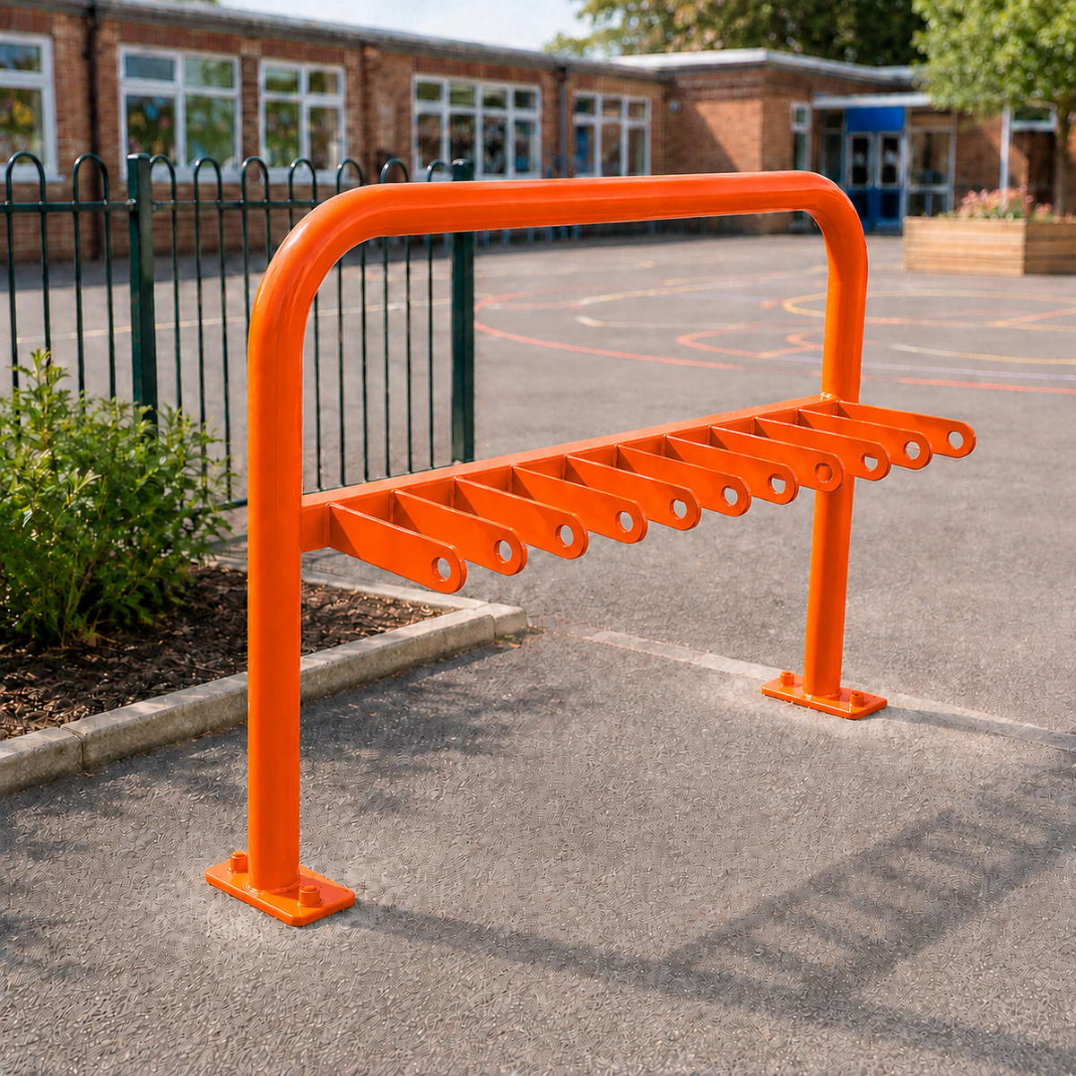 Orange 10-space scooter rack installed in a school playground