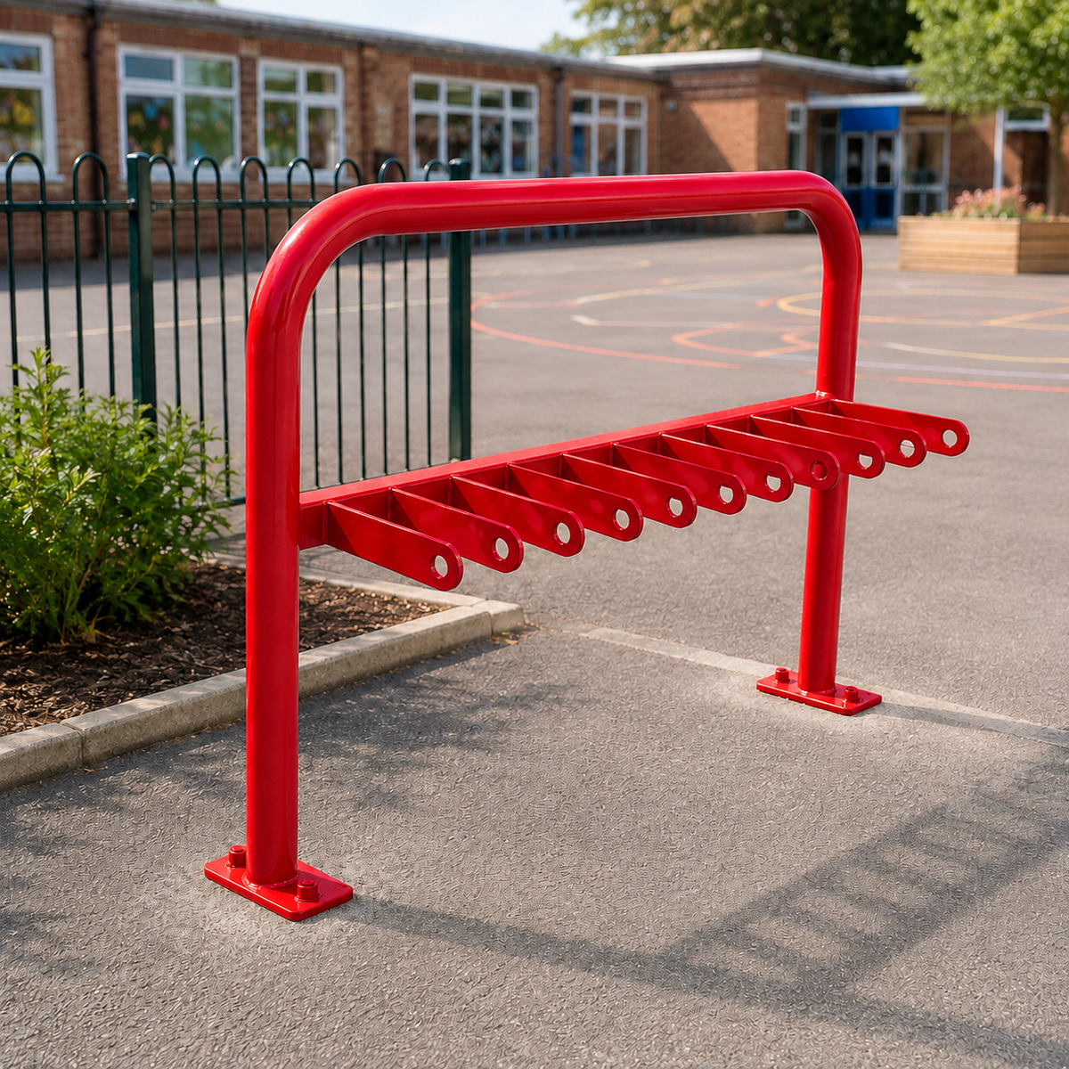 Red 10-space scooter rack installed in a school playground