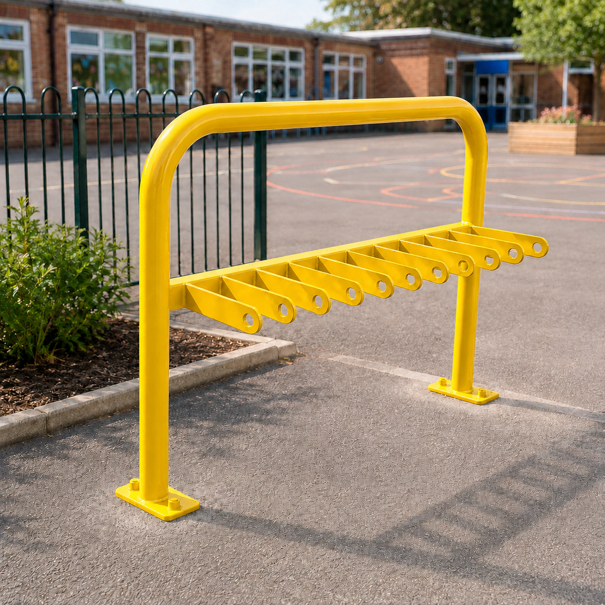 Yellow 10-space scooter rack installed in a school playground