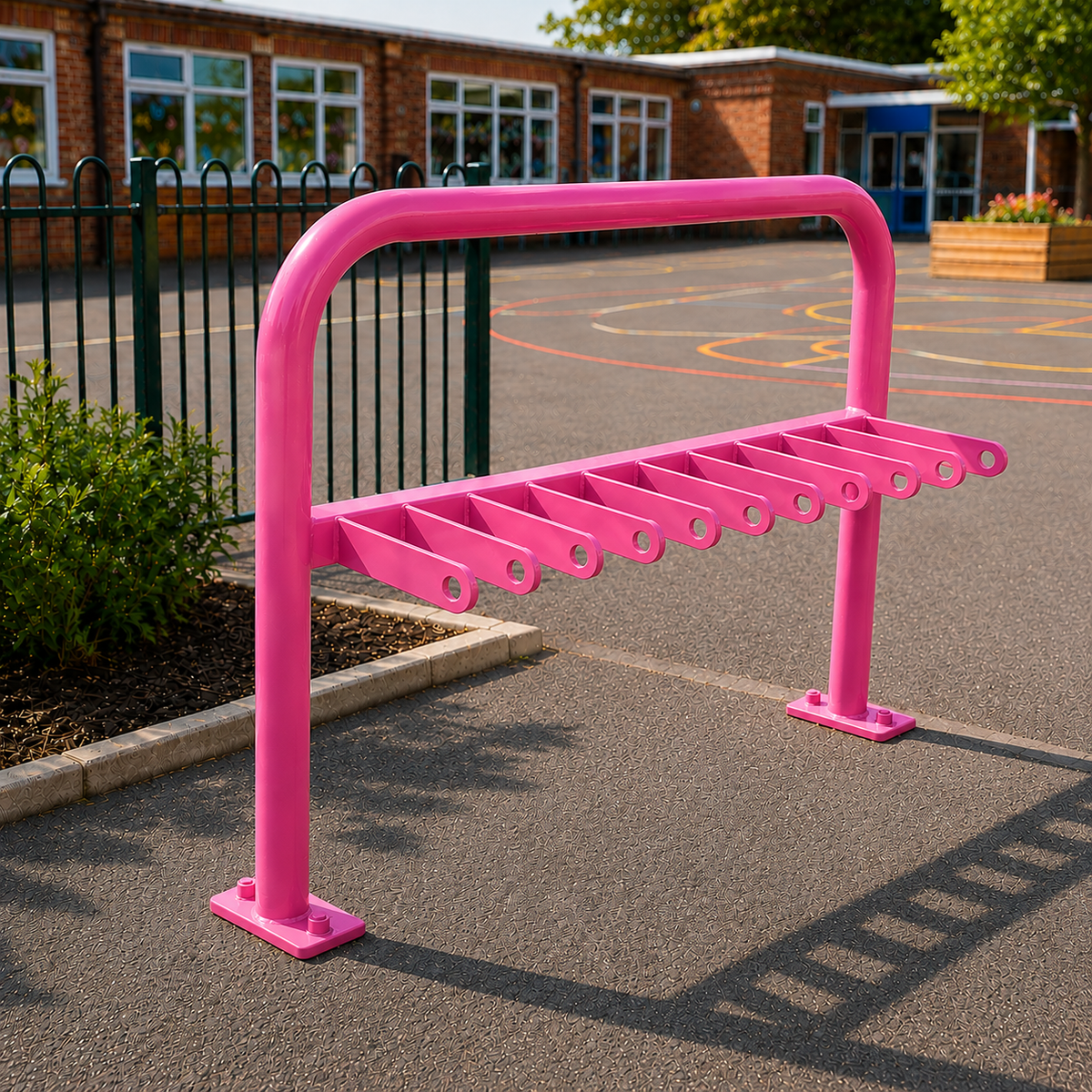 Pink 10-space scooter rack installed in a school playground