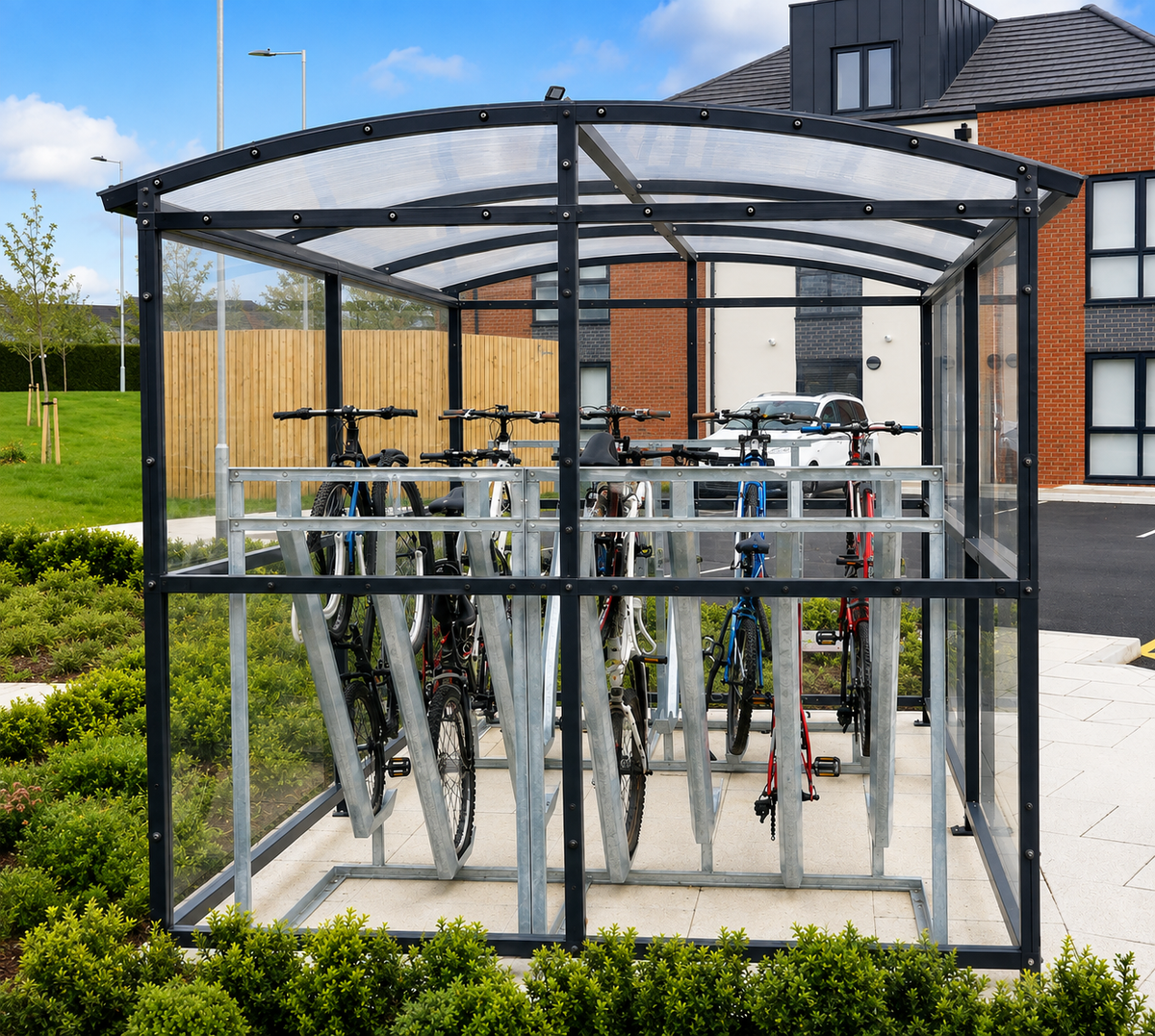 Carriage cycle shelter end view showing high-density semi-vertical bicycle storage