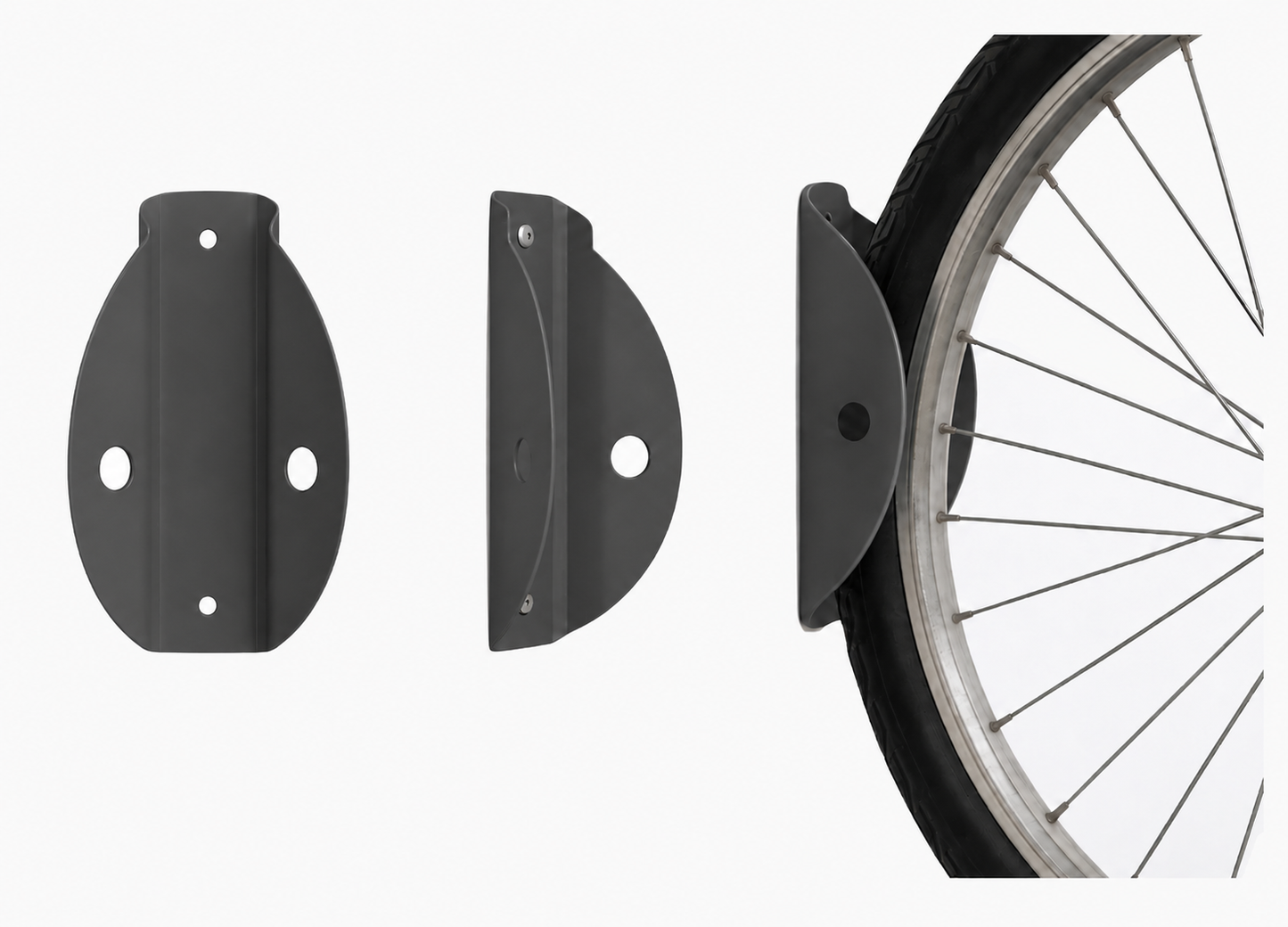 Gray Tacco wall mounted bike rack shown from front, side and holding a bicycle wheel
