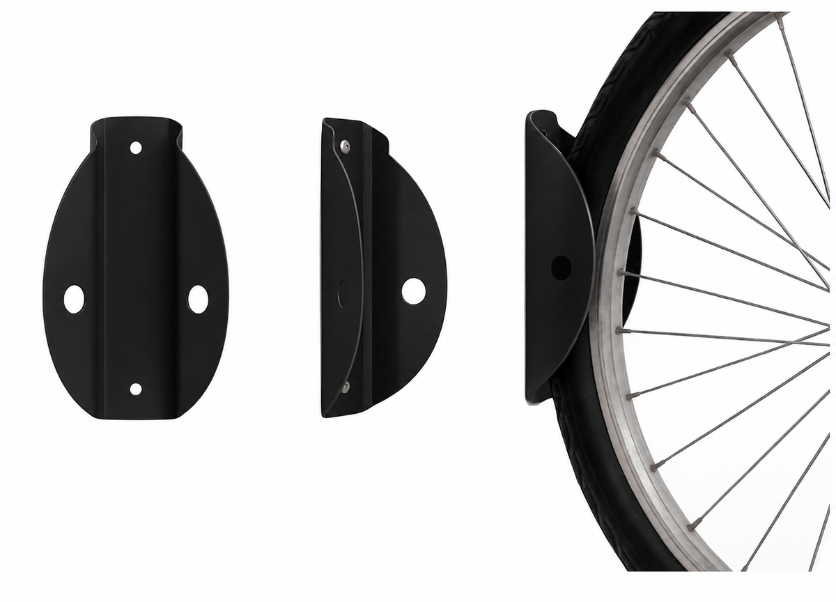 Black Tacco wall mounted bike rack shown from front, side and holding a bicycle wheel
