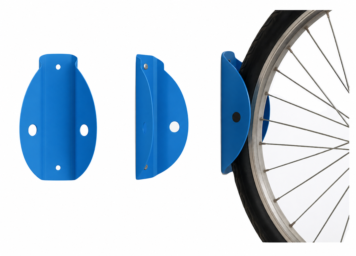 Blue Tacco wall mounted bike rack shown from front, side and holding a bicycle wheel
