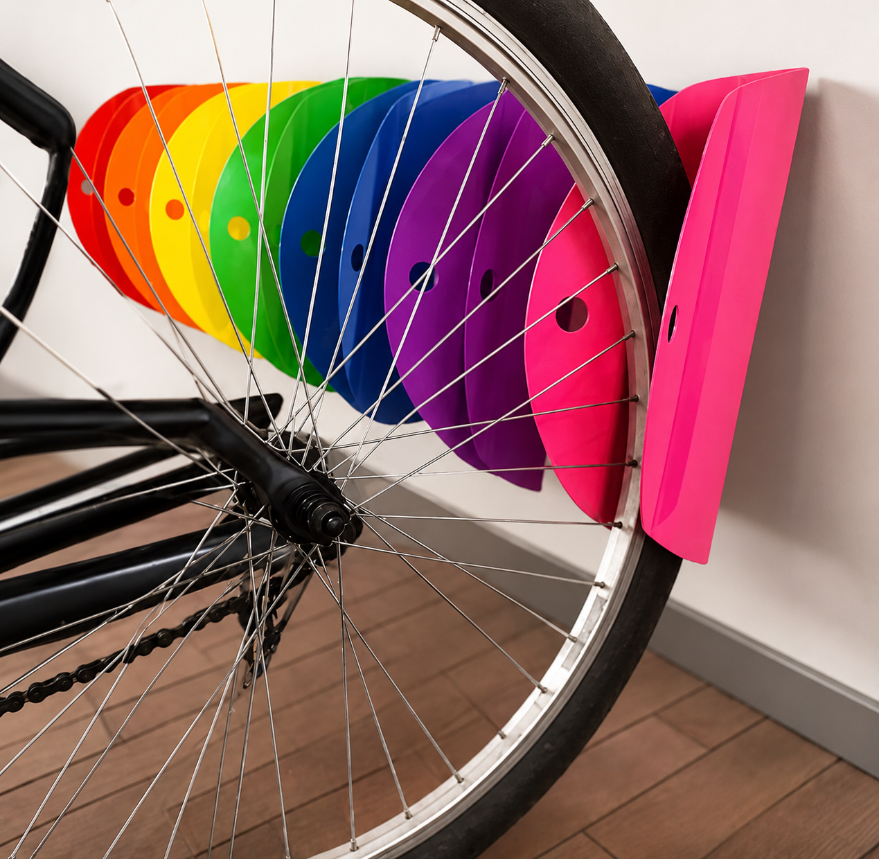 Multi-colour Tacco wall mounted bike racks displayed vertically with a bicycle wheel positioned in a pink rack
