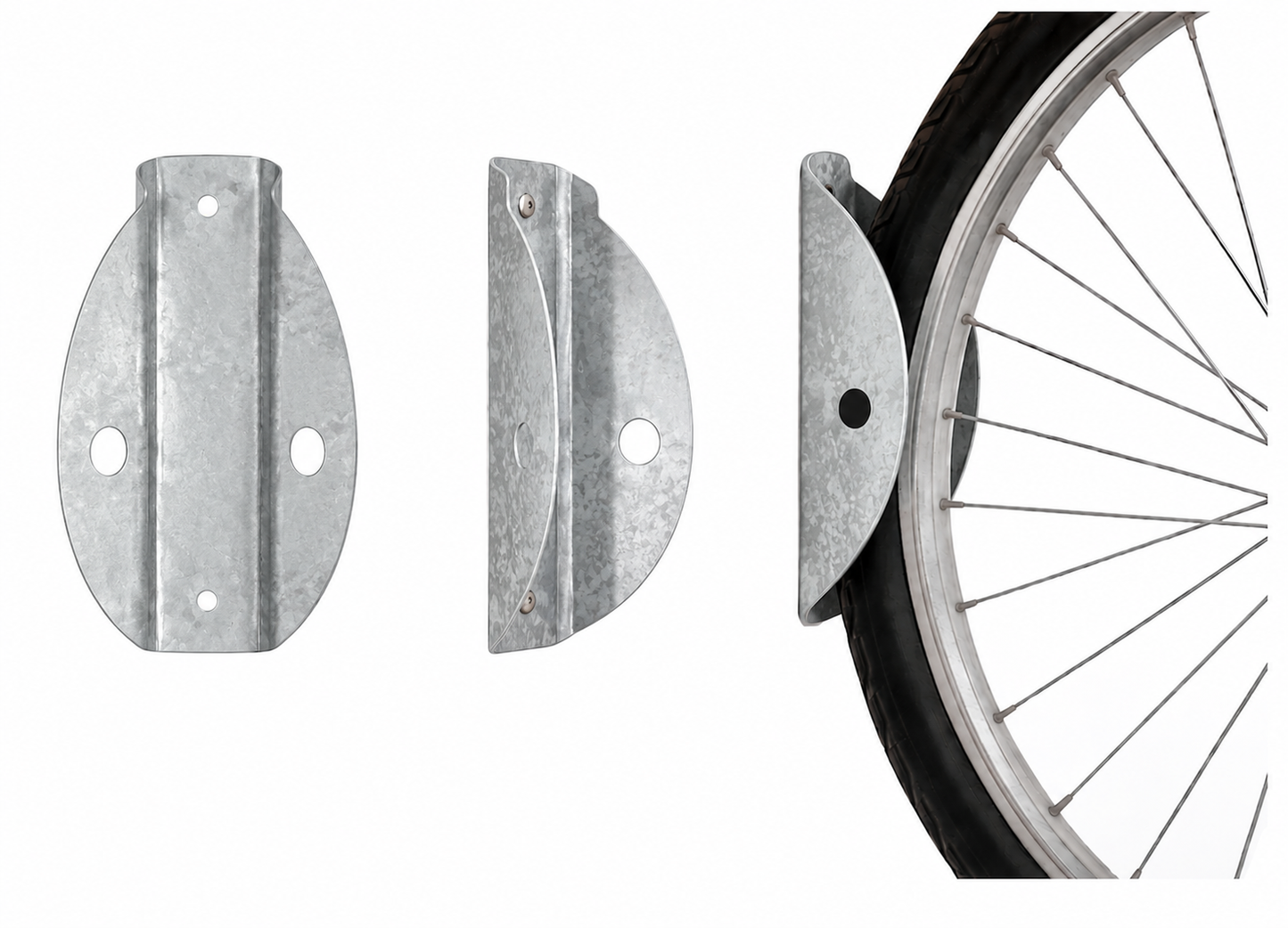Galvanised steel Tacco wall mounted bike rack shown from front, side and holding a bicycle wheel