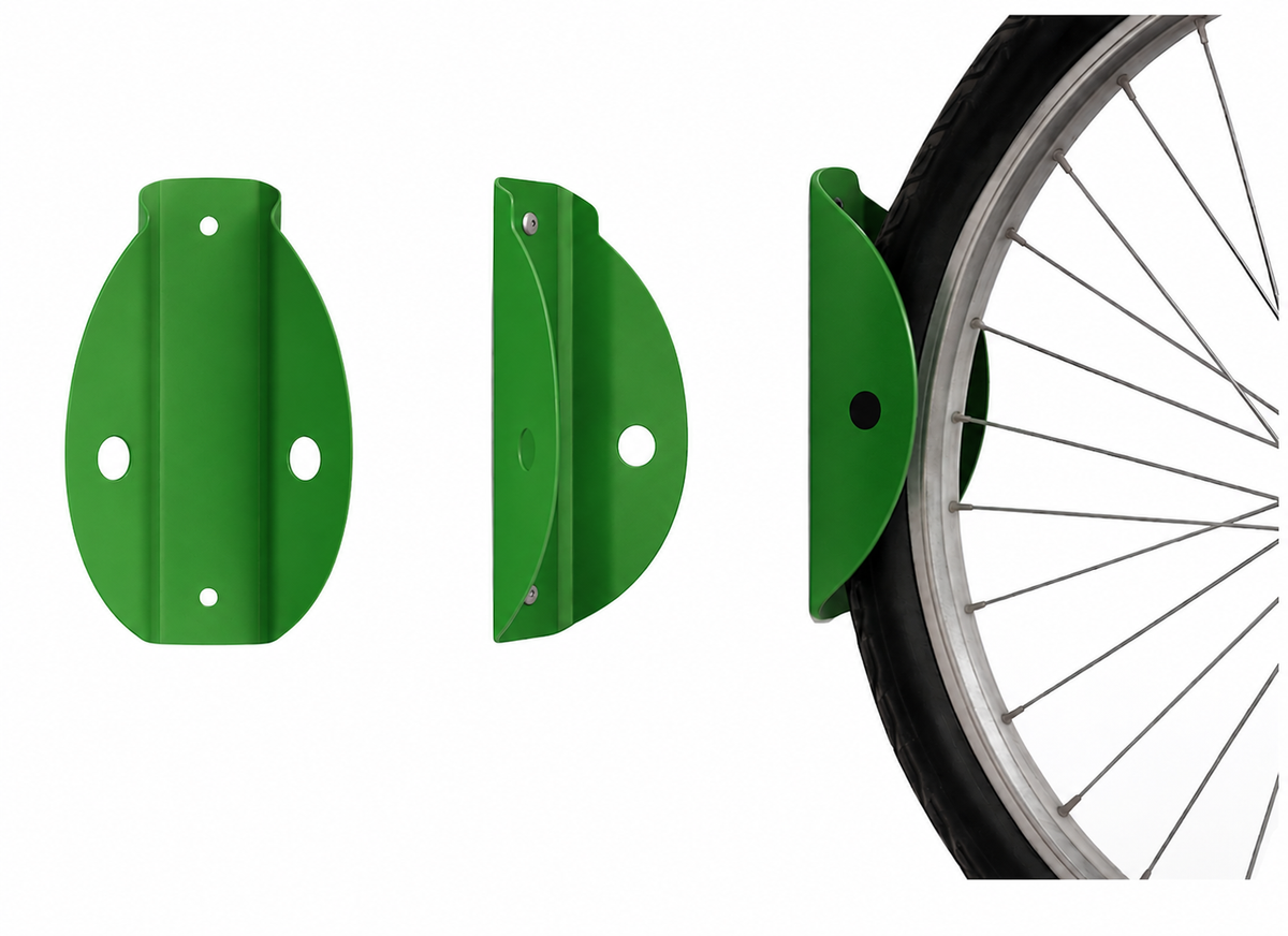 Green Tacco wall mounted bike rack shown from front, side and holding a bicycle wheel
