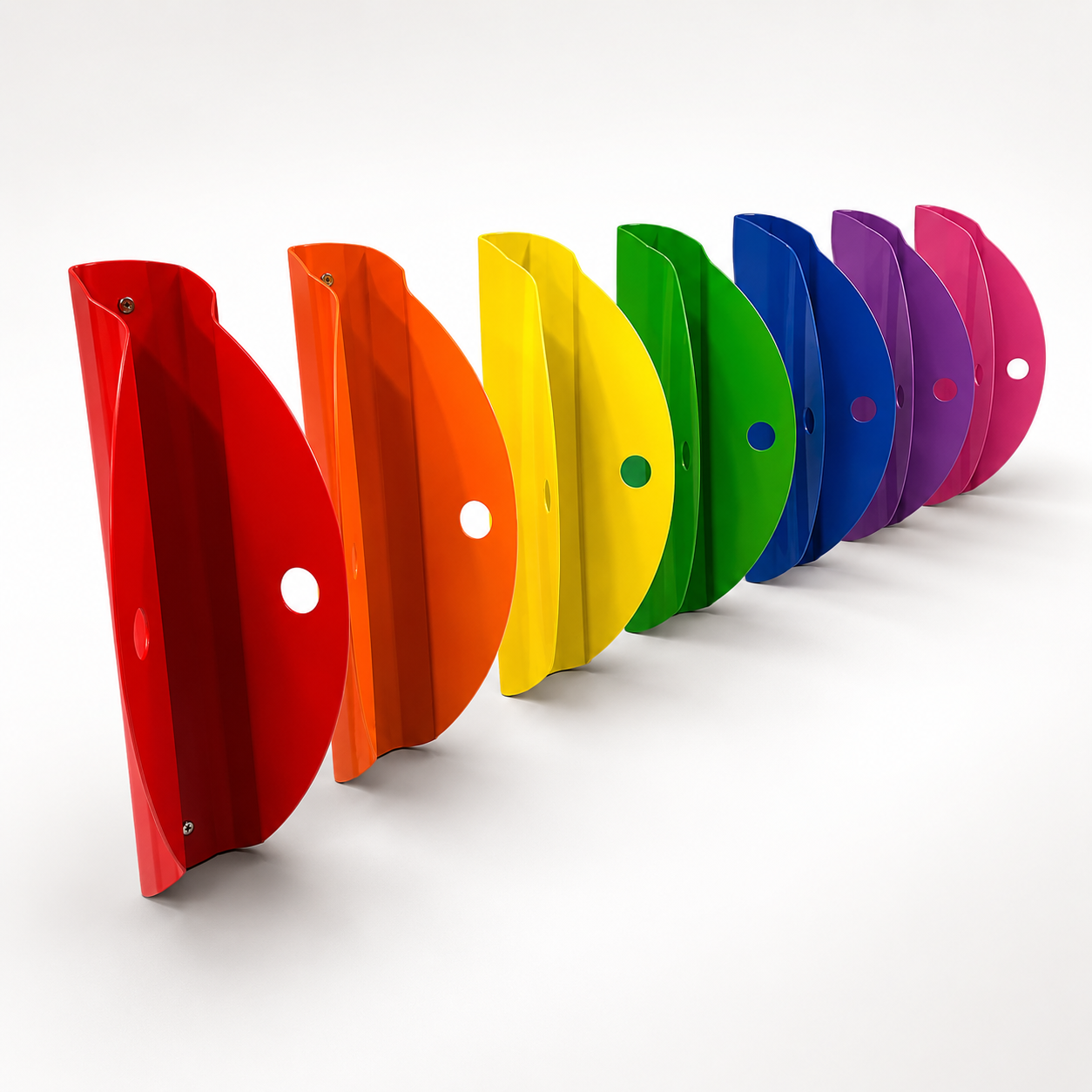 Range of colourful Tacco wall mounted bike racks in red, orange, yellow, green, blue, purple and pink