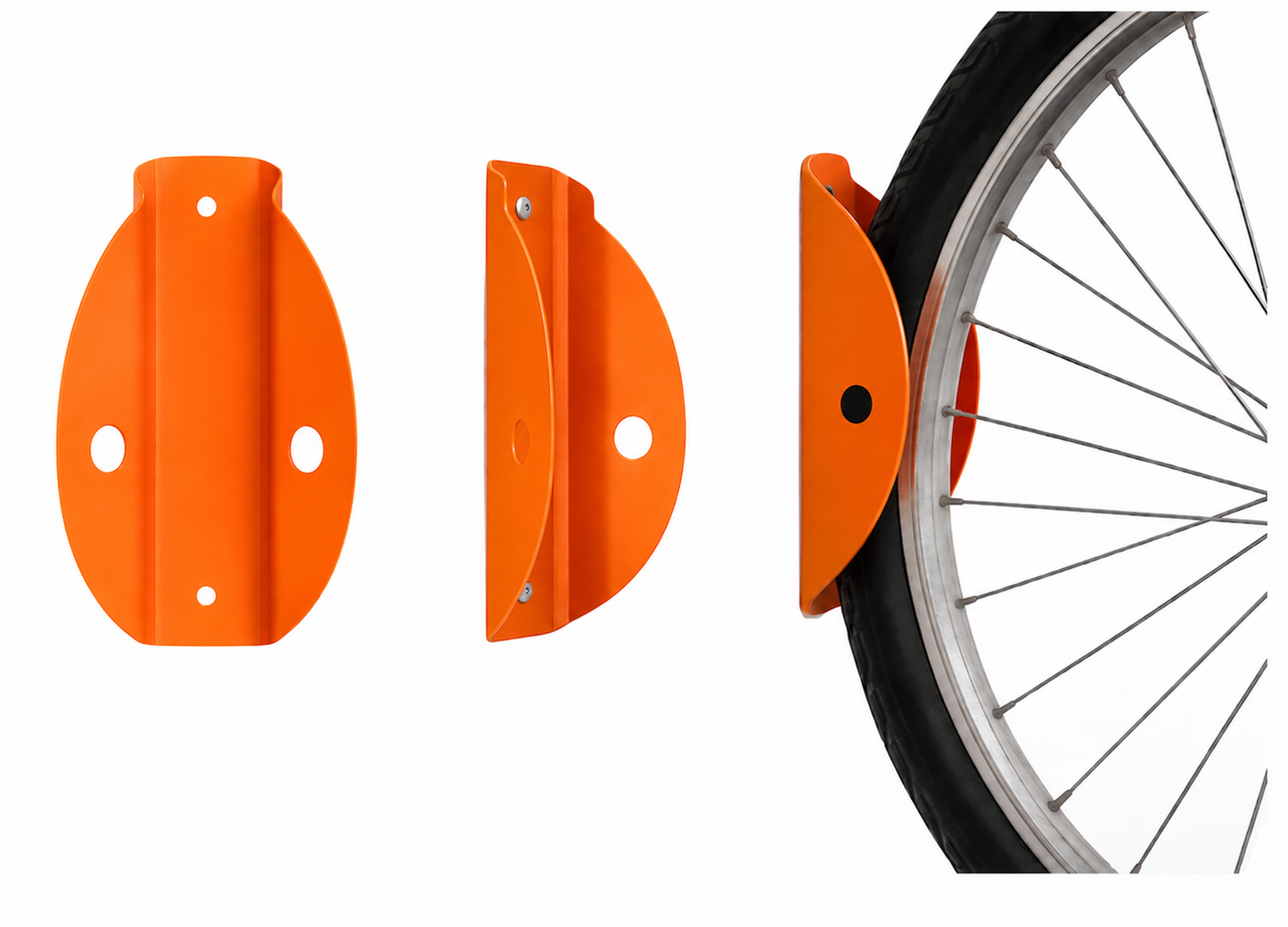Orange Tacco wall mounted bike rack shown from front, side and holding a bicycle wheel
