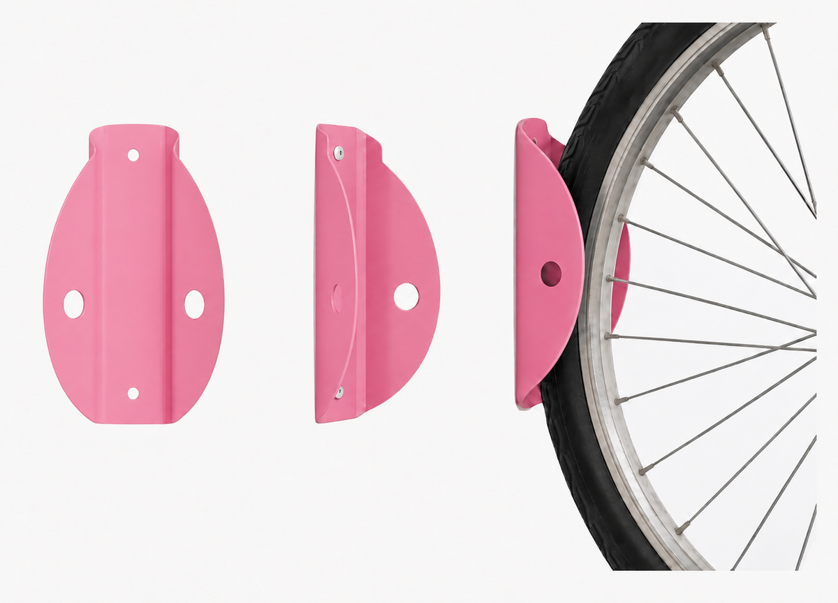 Pink Tacco wall mounted bike rack shown from front, side and holding a bicycle wheel
