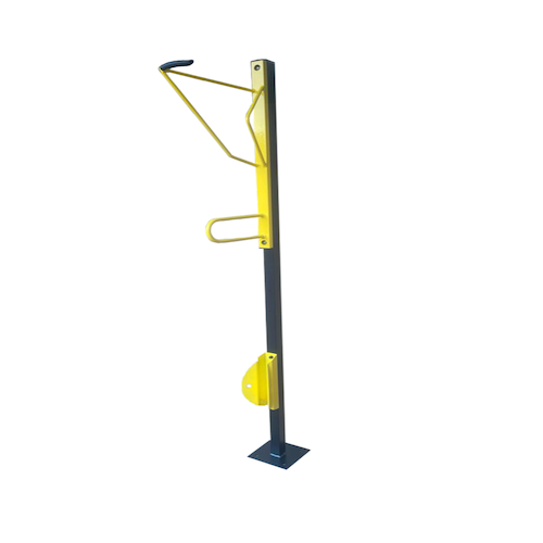 Free standing vertical bike rack in galvanised steel showing bikes stored upright with three‑point locking system