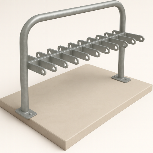 Galvanised Steel scooter rack for 20 scooters which can be installed at a UK school entrance