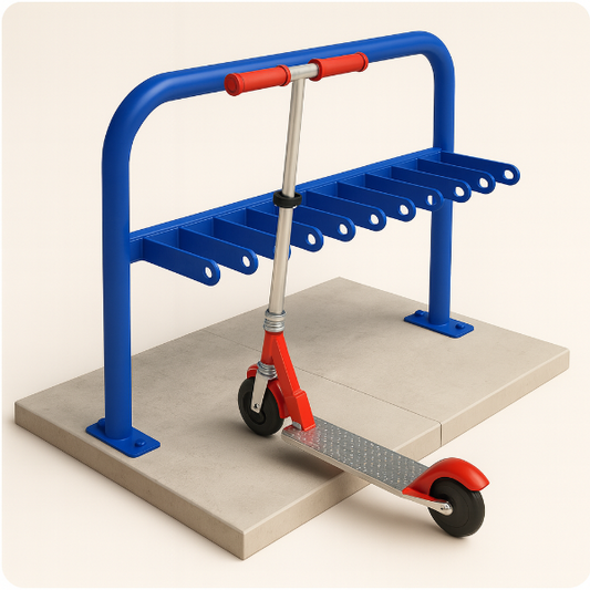 Scooter rack holding ten scooters neatly in a row