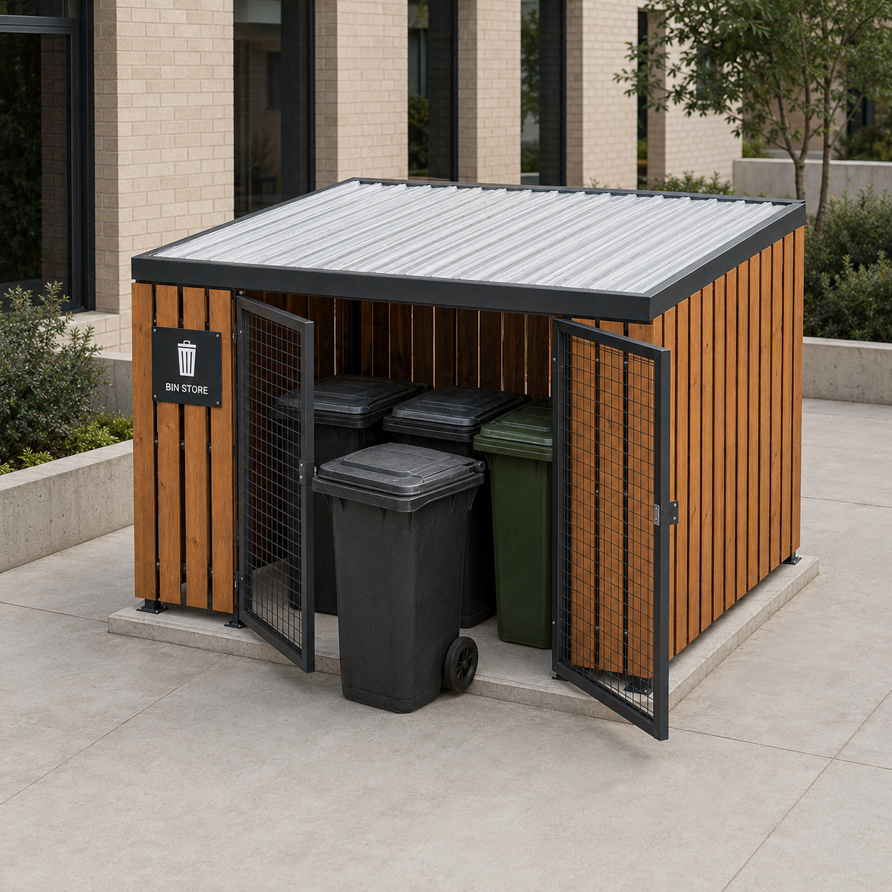 Timber-clad bin store shelter with both mesh gates open, showing a wheelie bins between them. CYCLE-IN UK