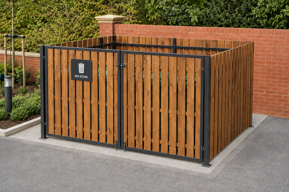 CYCLE-IN.CO.UK TIMBER CLAD BIN COMPOUND INSTALLED INFRONT OF RESIDENTIAL PROPERTY UK