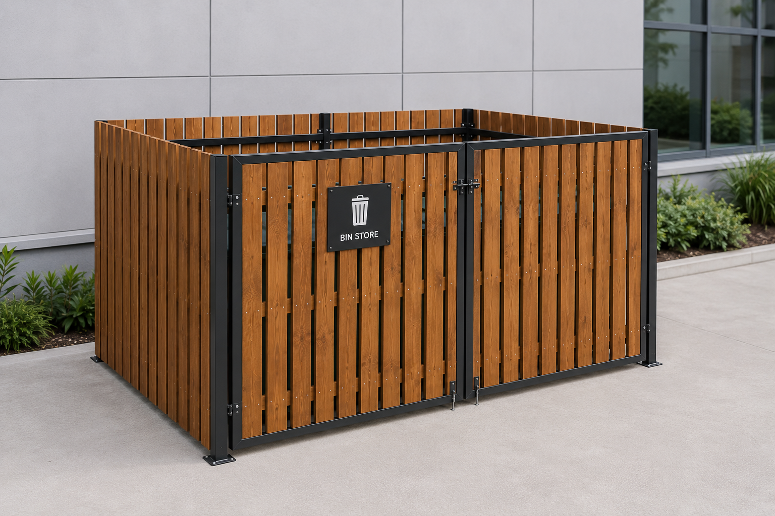 CYCLE-IN.CO.UK TIMBER CLAD BIN COMPOUND INSTALLED INFRONT OF COMMERCIAL PROPERTY UK