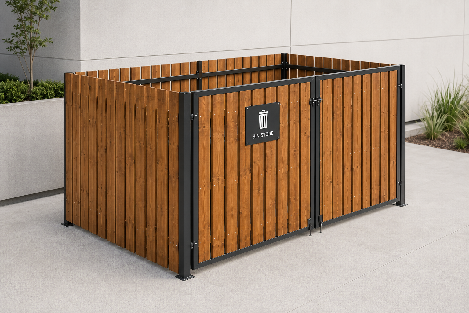 CYCLE-IN.CO.UK TIMBER CLAD BIN COMPOUND INSTALLED INFRONT OF COMMERCIAL & RETAIL PROPERTY UK