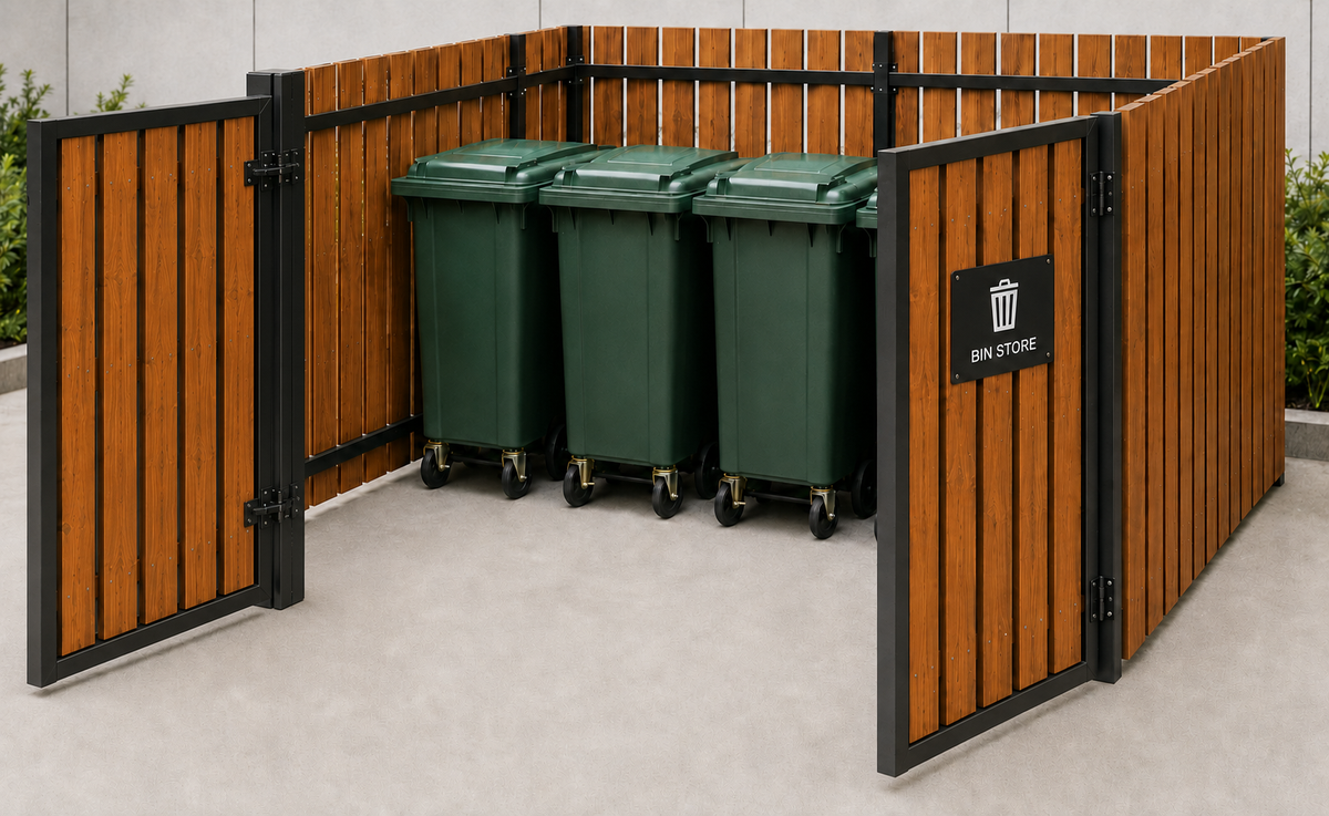 CYCLE-IN.CO.UK TIMBER CLAD BIN COMPOUND INSTALLED INFRONT OF COMMERCIAL PROPERTY WITH THE TWO SWING GATES OPEN UK