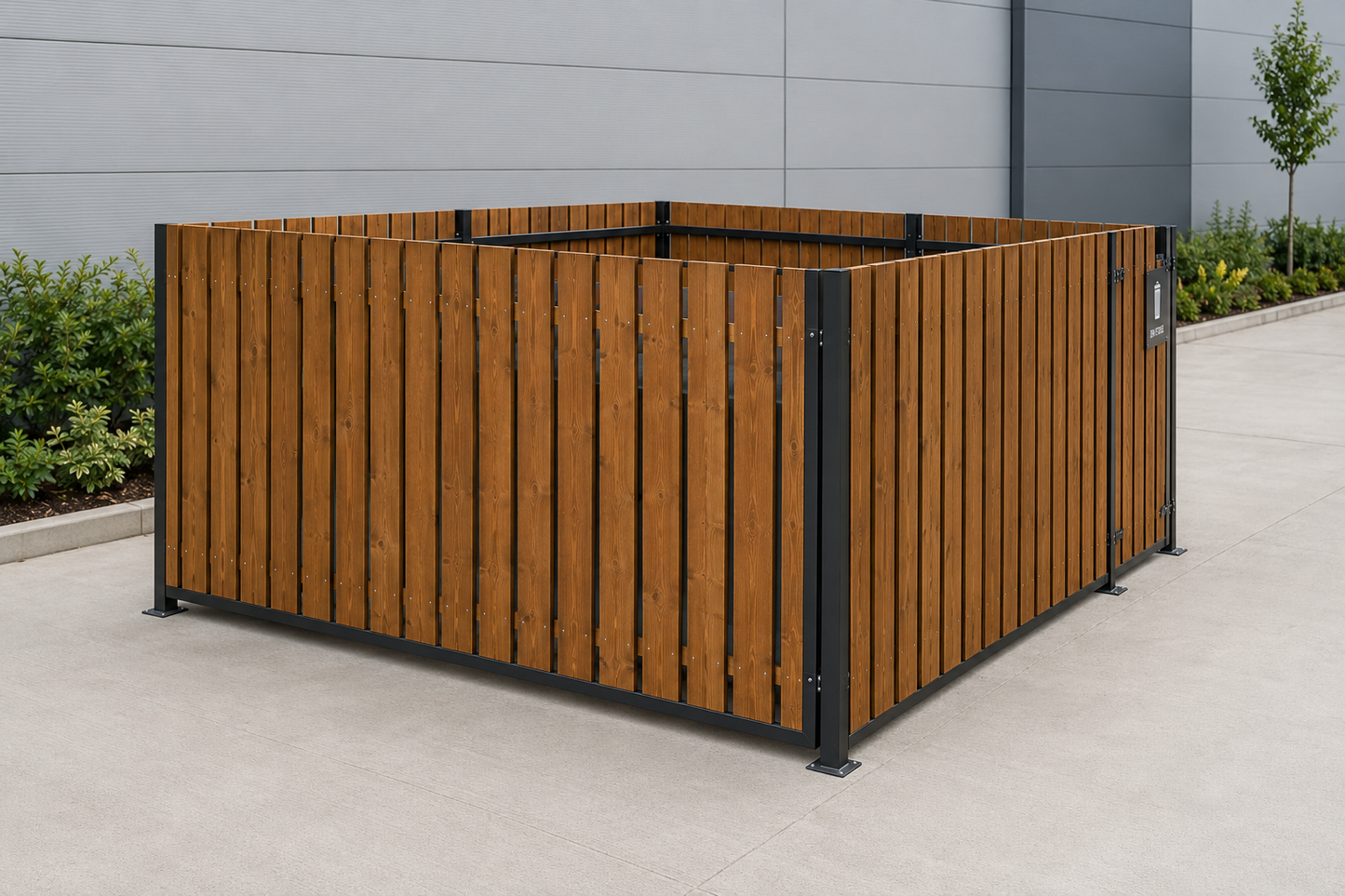 CYCLE-IN.CO.UK TIMBER CLAD BIN COMPOUND INSTALLED INFRONT OF COMMERCIAL & RETAIL PROPERTY VIEWED FROM THE SIDE AND FRONT UK