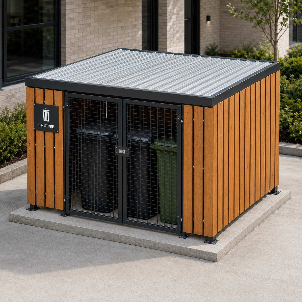 Timber-clad bin store shelter with black steel frame, box-profile roof and twin mesh access gates. CYCLE-IN UK