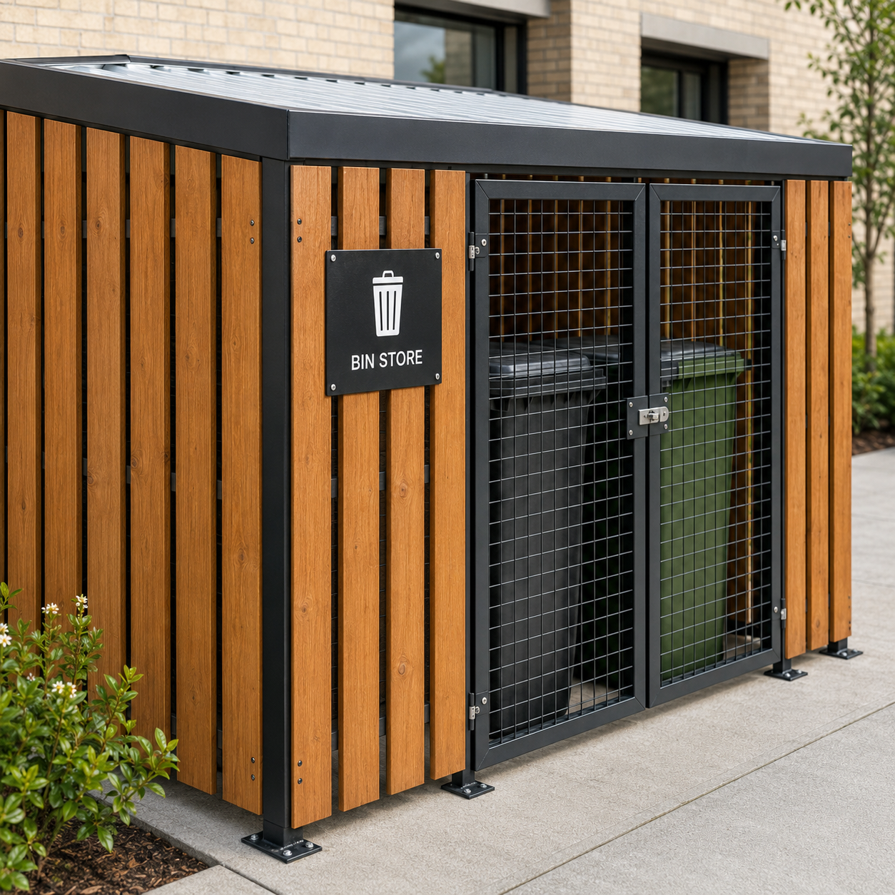 Timber-clad bin store shelter with both mesh gates closed, showing two wheelie bins behind them. CYCLE-IN UK