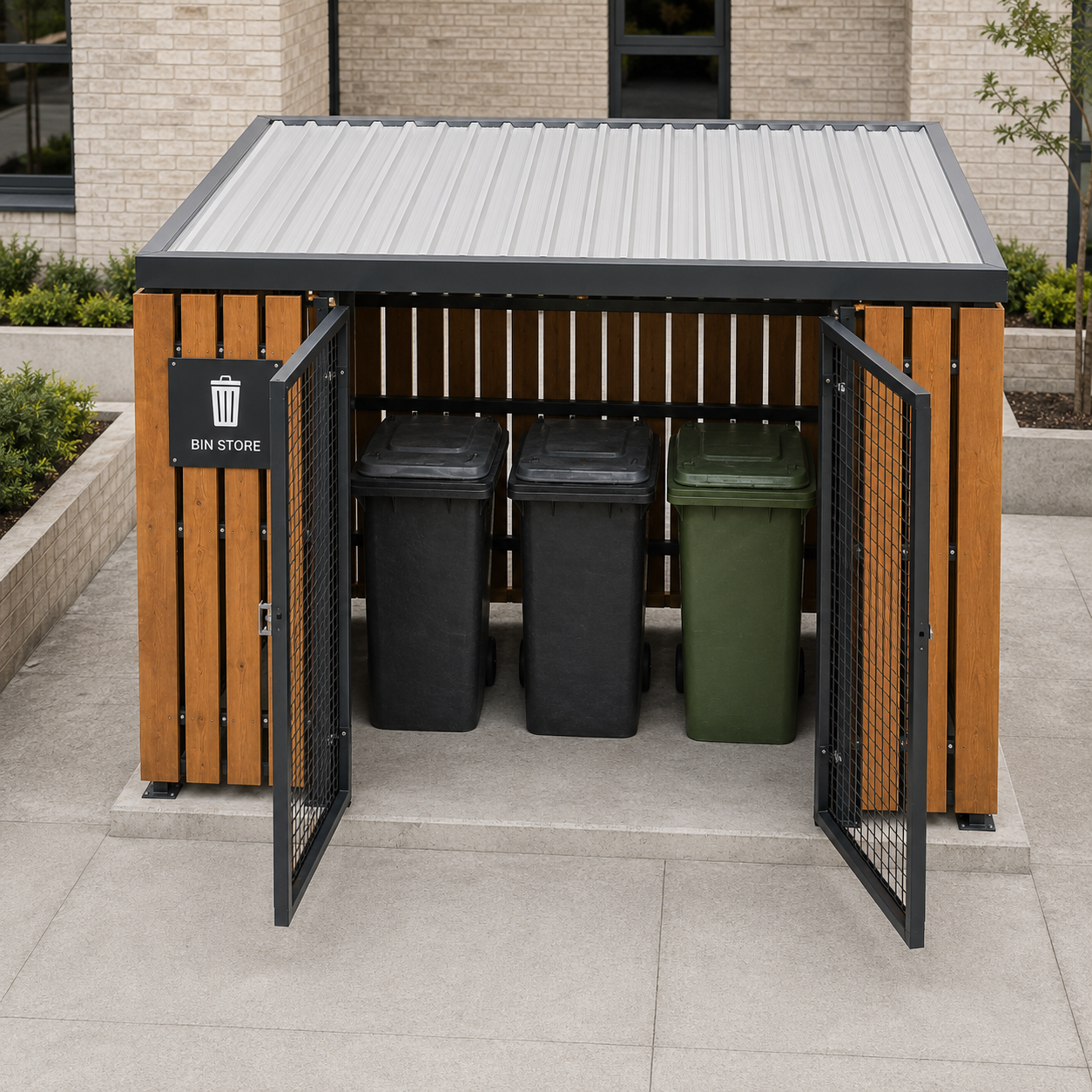 Timber-clad bin store shelter with both mesh gates open, showing wide access for three wheelie bins between them. CYCLE-IN UK