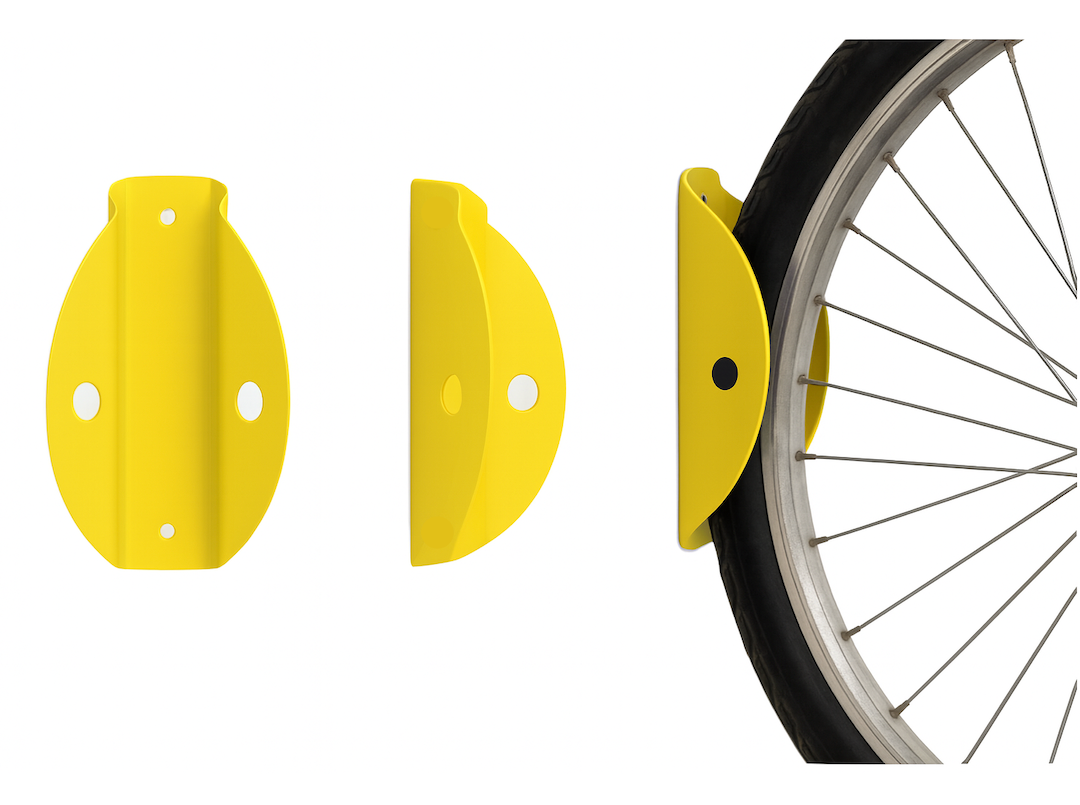 Yellow Tacco Wall Rack wall mounted bike rack holding bicycle vertically in commercial setting