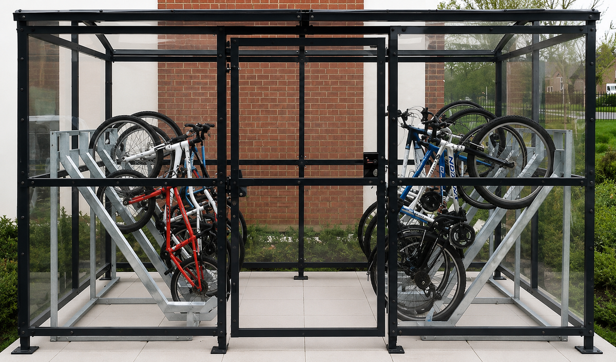 12-space carriage cycle shelter with clear PETG cladding and semi-vertical bike racks